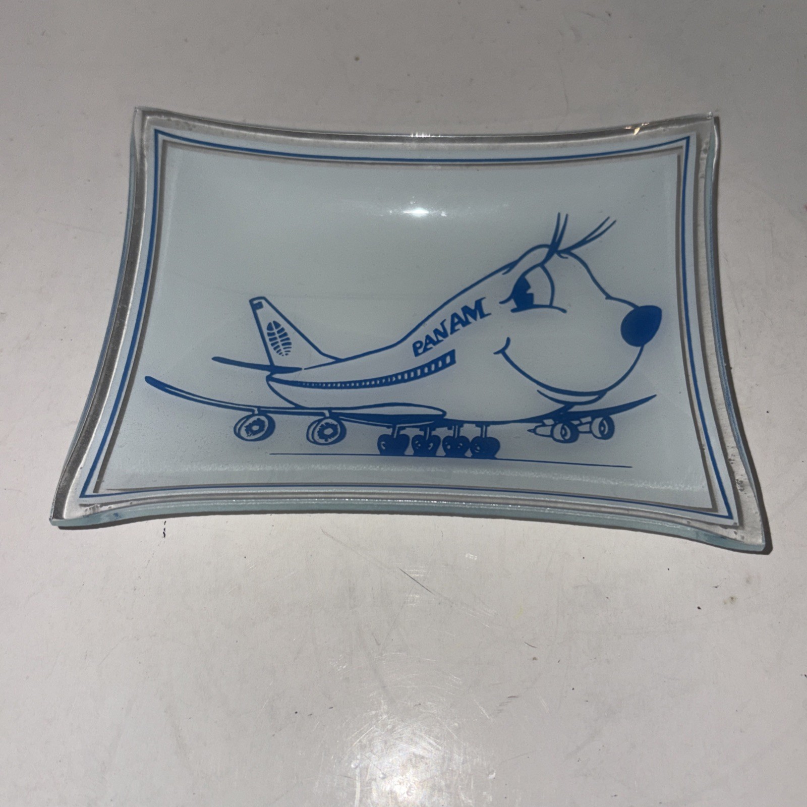 Vintage Pan Am Glass Cartoon Character Ashtray Airline Memorabilia 6x4.25” RARE